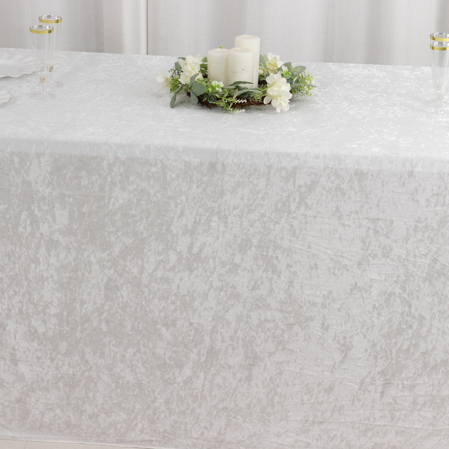 90"x132" White Seamless Premium Crushed Velvet Rectangular Tablecloth for 6 Foot Table With Floor-Length Drop