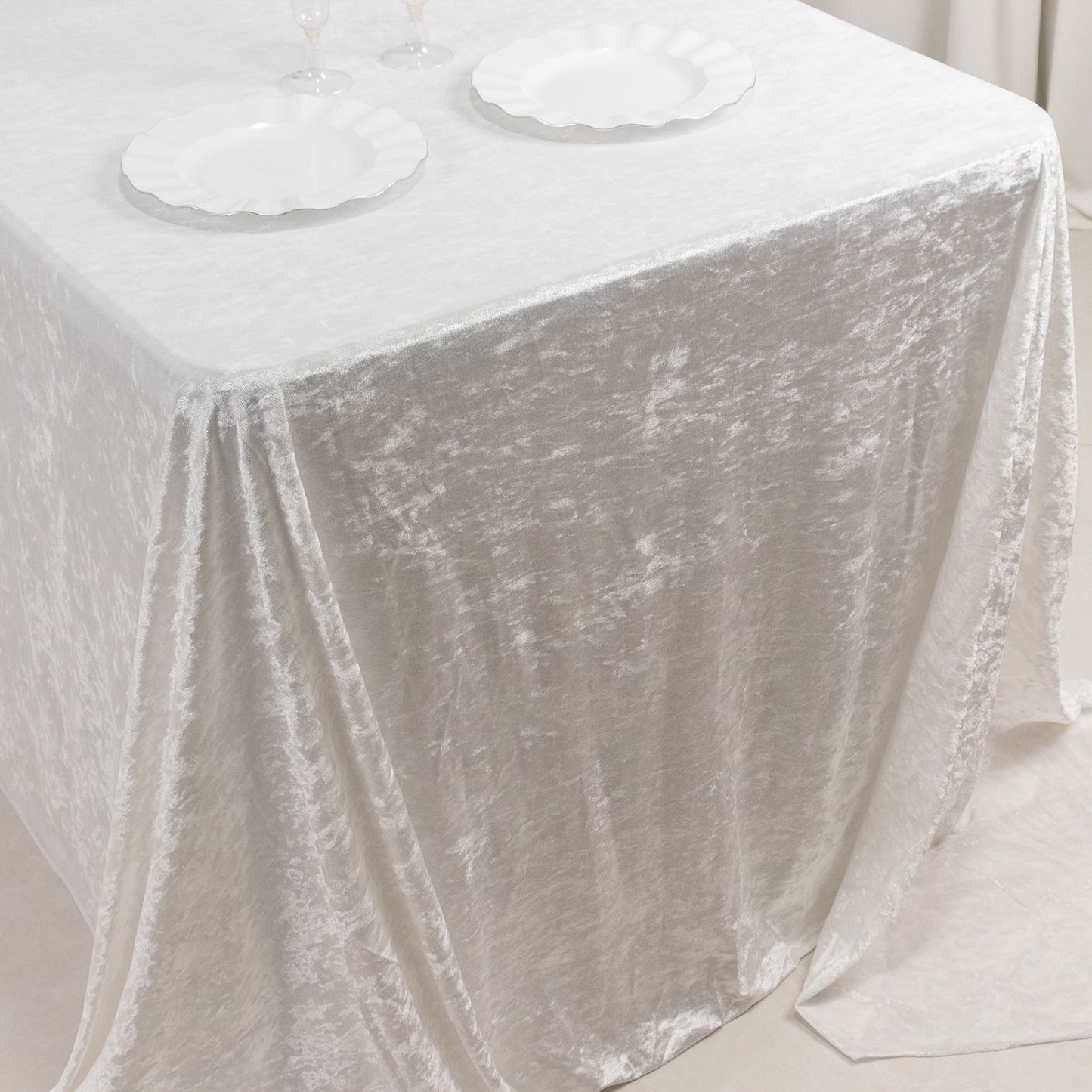 90"x132" White Seamless Premium Crushed Velvet Rectangular Tablecloth for 6 Foot Table With Floor-Length Drop