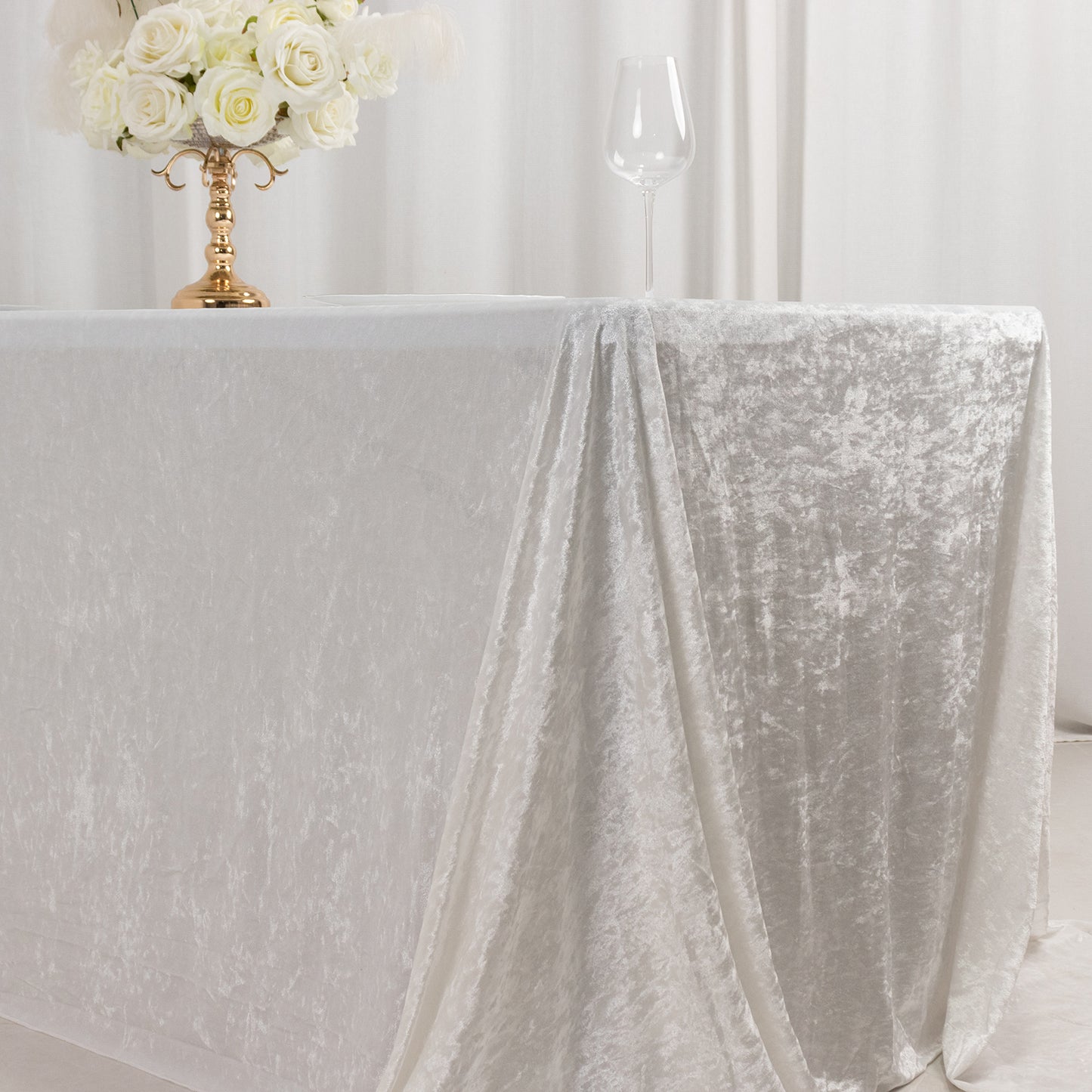 90"x132" White Seamless Premium Crushed Velvet Rectangular Tablecloth for 6 Foot Table With Floor-Length Drop