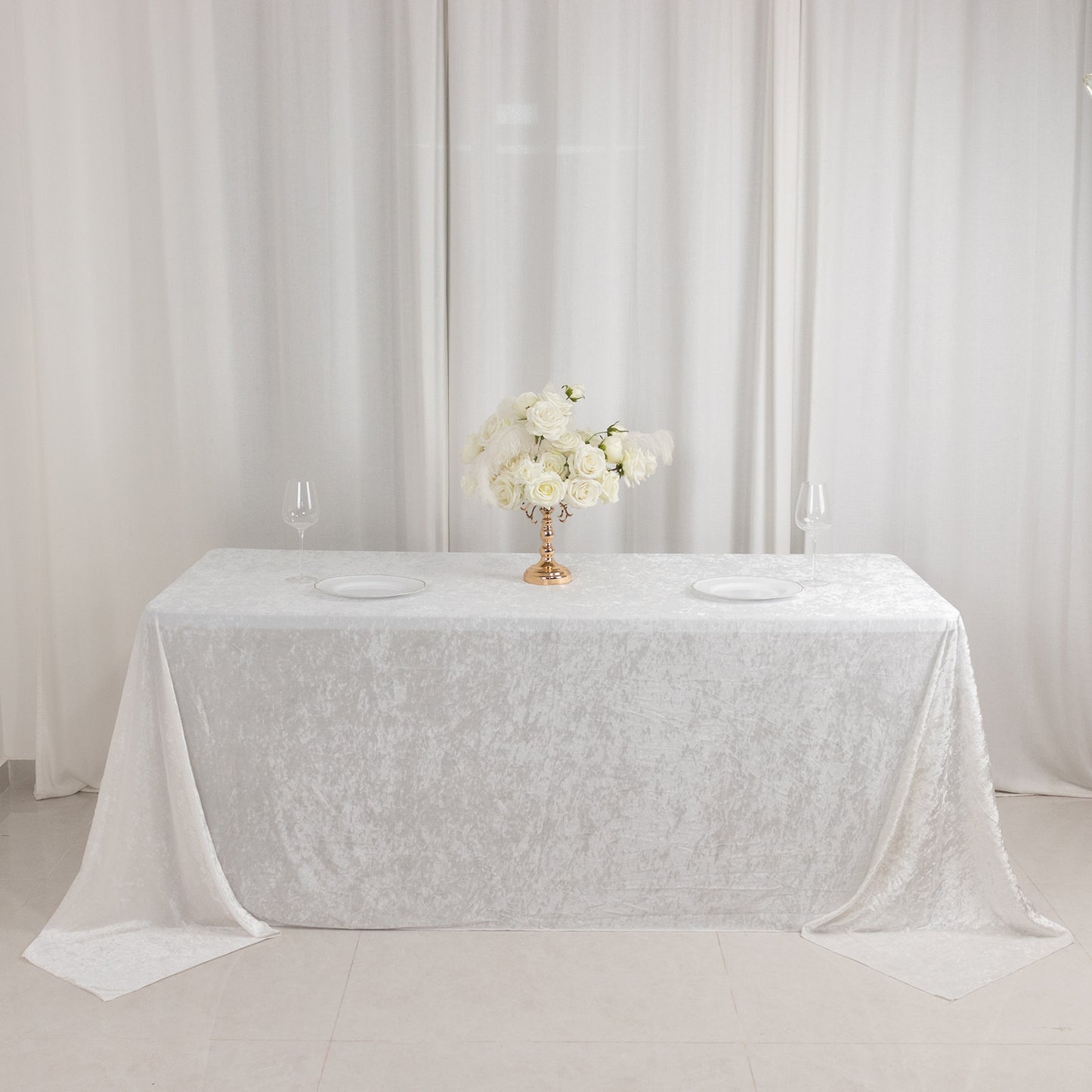 90"x132" White Seamless Premium Crushed Velvet Rectangular Tablecloth for 6 Foot Table With Floor-Length Drop