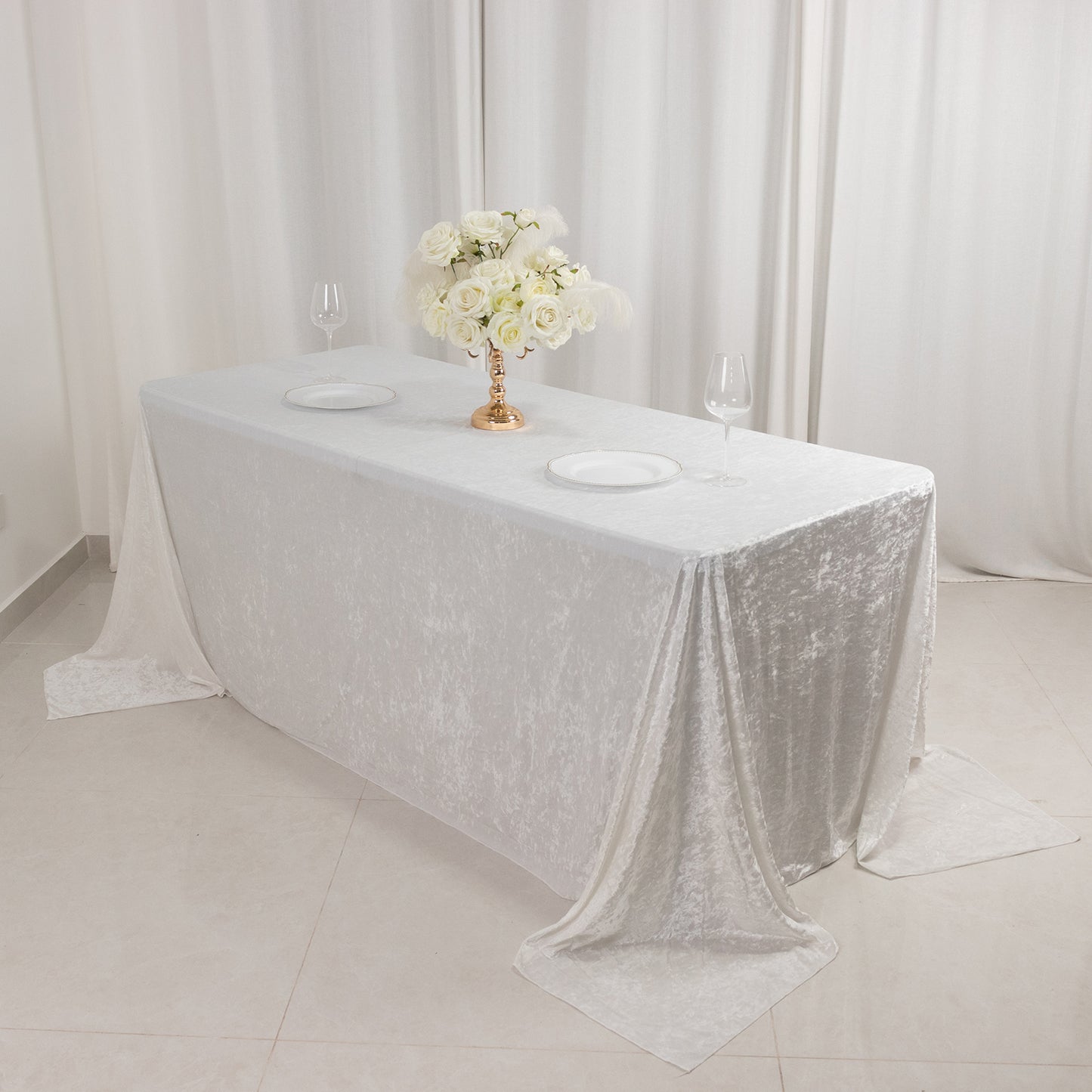 90"x132" White Seamless Premium Crushed Velvet Rectangular Tablecloth for 6 Foot Table With Floor-Length Drop