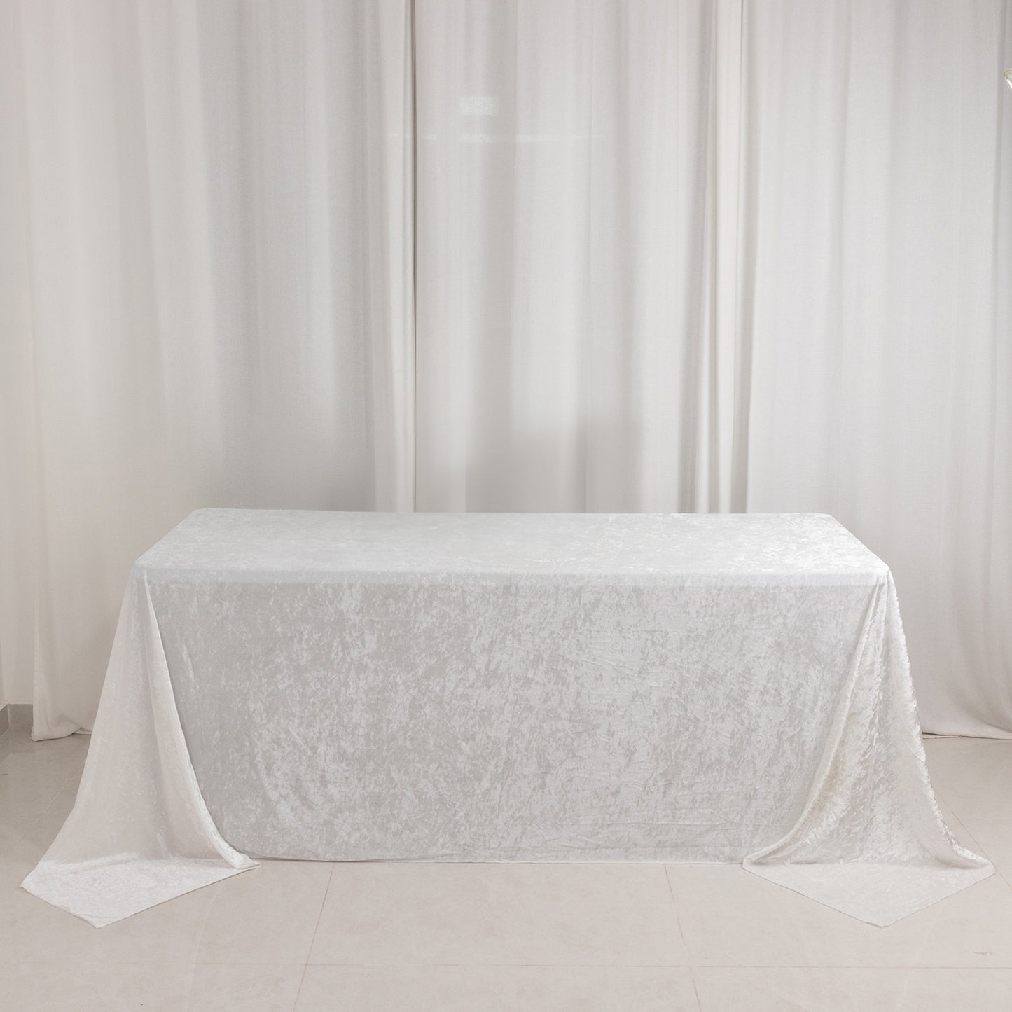 90"x132" White Seamless Premium Crushed Velvet Rectangular Tablecloth for 6 Foot Table With Floor-Length Drop