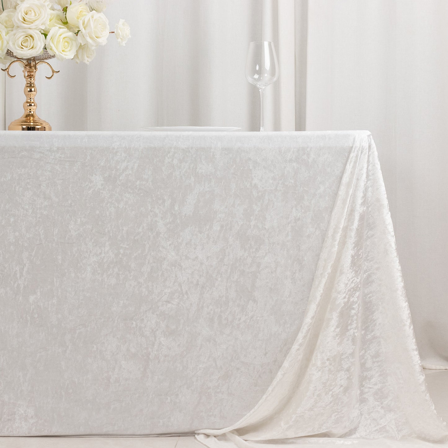 90"x156" White Seamless Premium Crushed Velvet Rectangular Tablecloth for 8 Foot Table With Floor-Length Drop