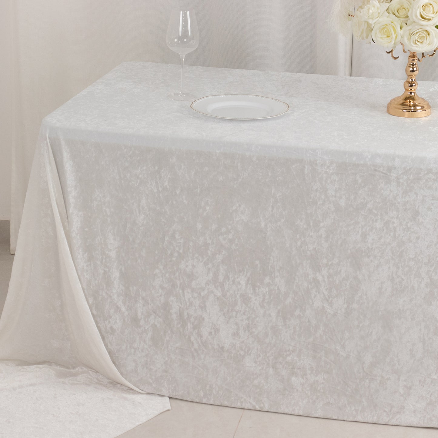 90"x156" White Seamless Premium Crushed Velvet Rectangular Tablecloth for 8 Foot Table With Floor-Length Drop