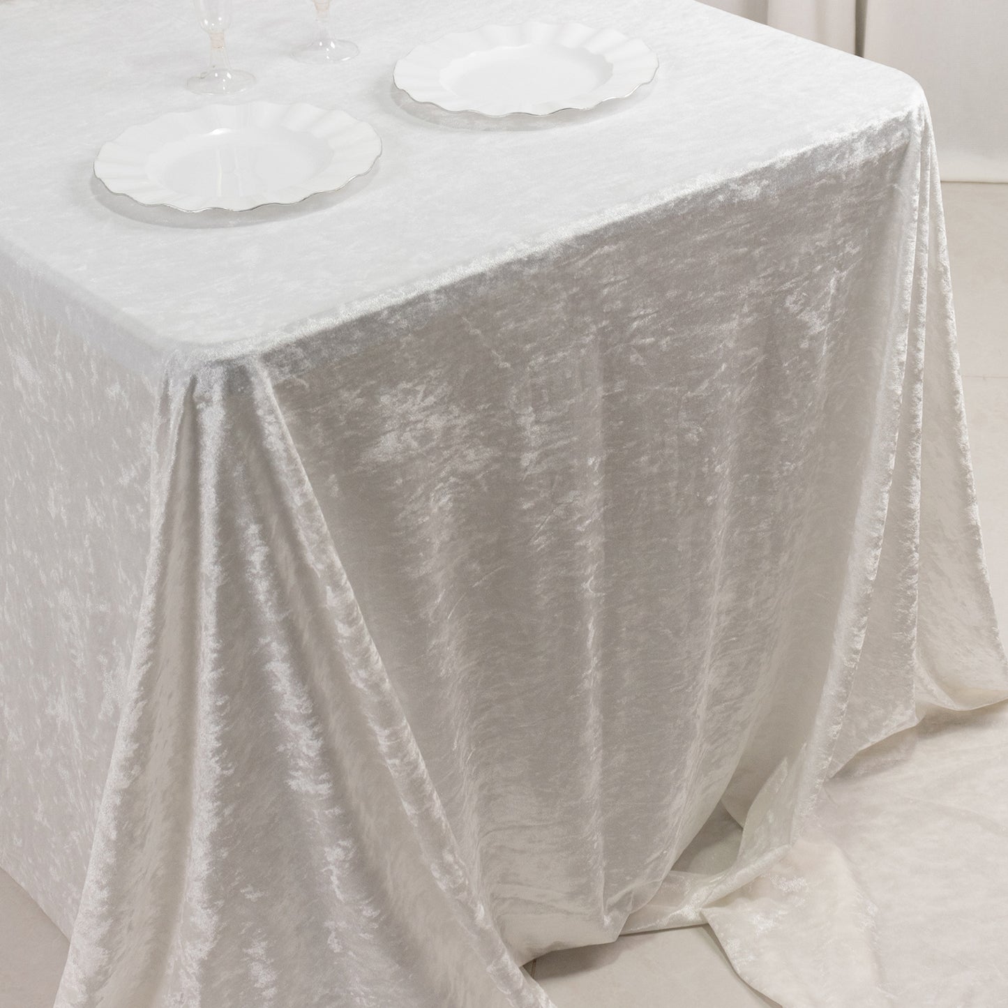 90"x156" White Seamless Premium Crushed Velvet Rectangular Tablecloth for 8 Foot Table With Floor-Length Drop