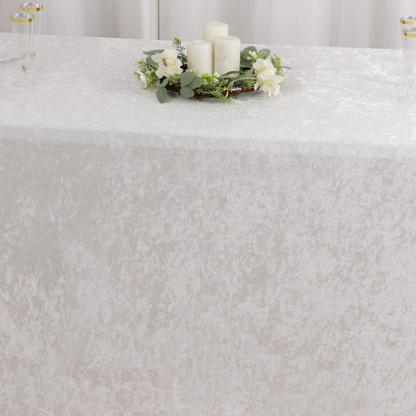 90"x156" White Seamless Premium Crushed Velvet Rectangular Tablecloth for 8 Foot Table With Floor-Length Drop