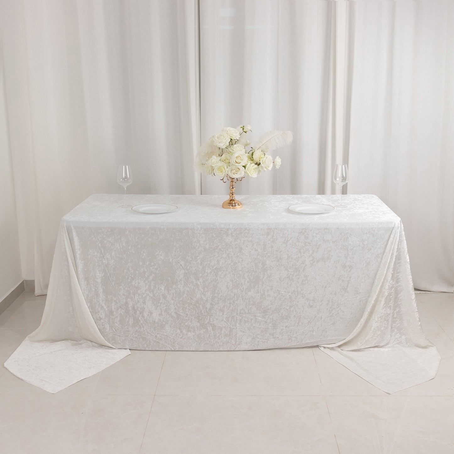 90"x156" White Seamless Premium Crushed Velvet Rectangular Tablecloth for 8 Foot Table With Floor-Length Drop