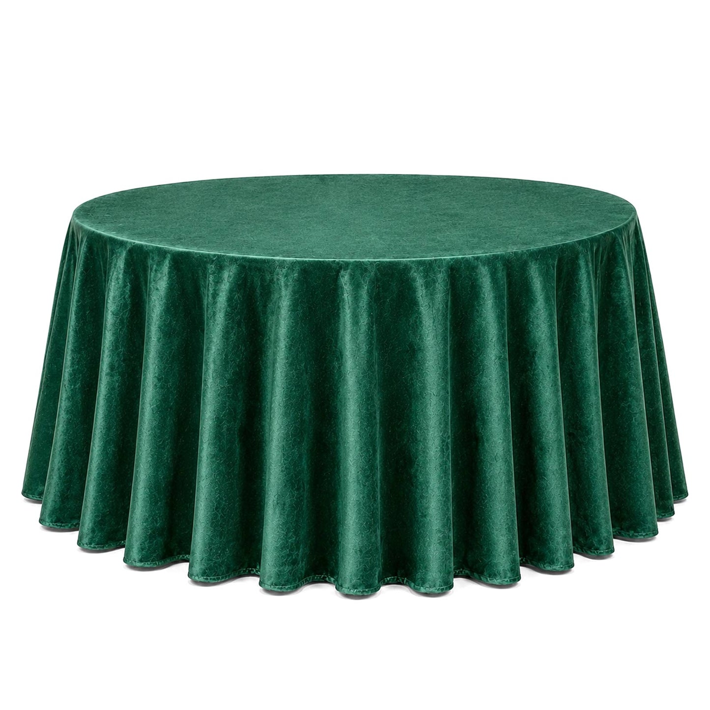 Premium velvet round tablecloth in hunter emerald green.