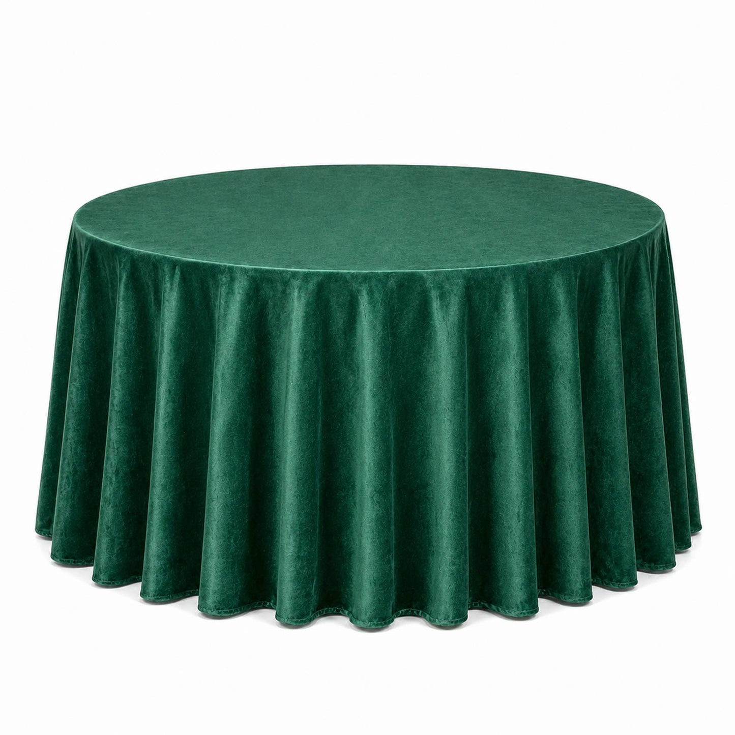 Premium velvet round tablecloth in hunter emerald green.