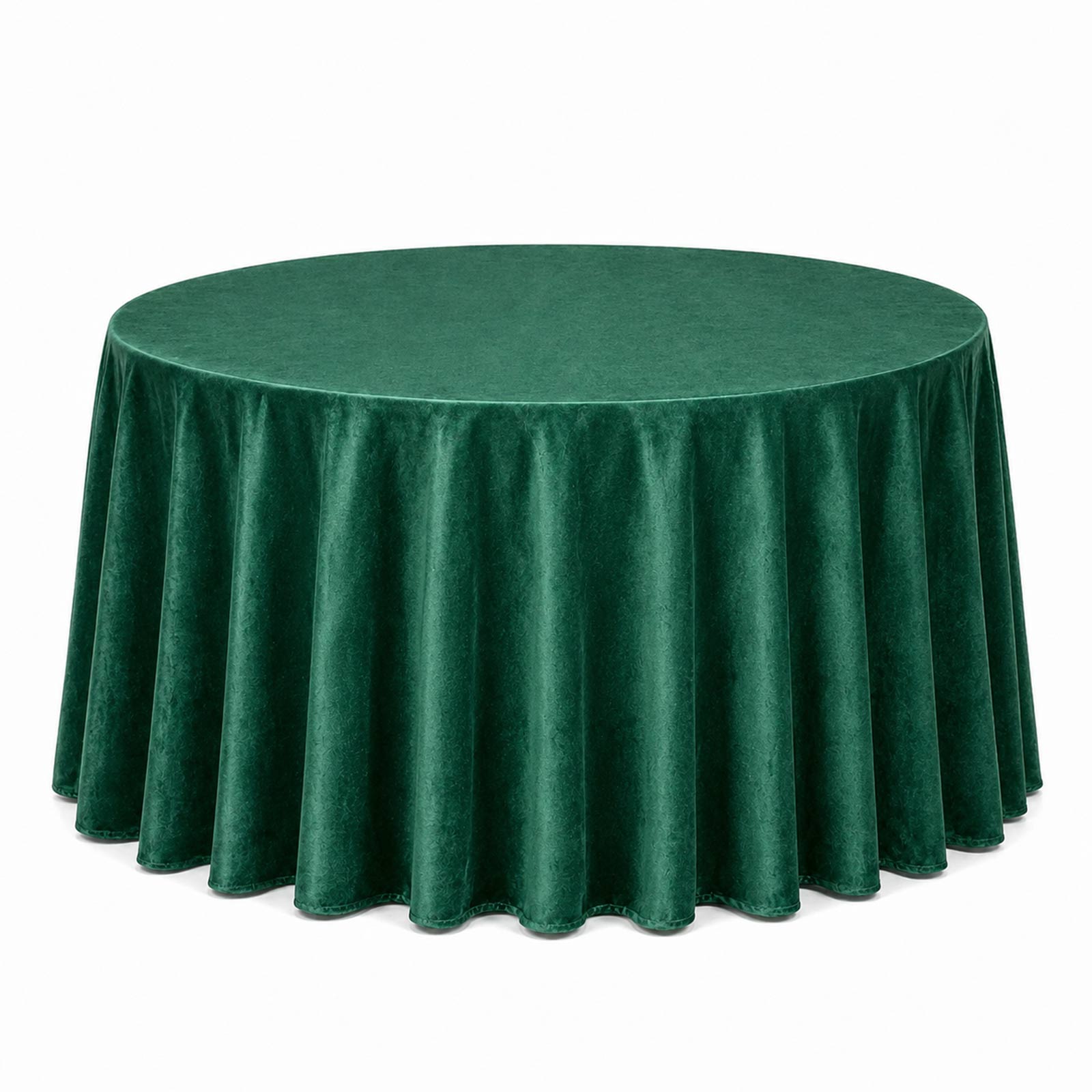 Premium velvet round tablecloth in hunter emerald green.