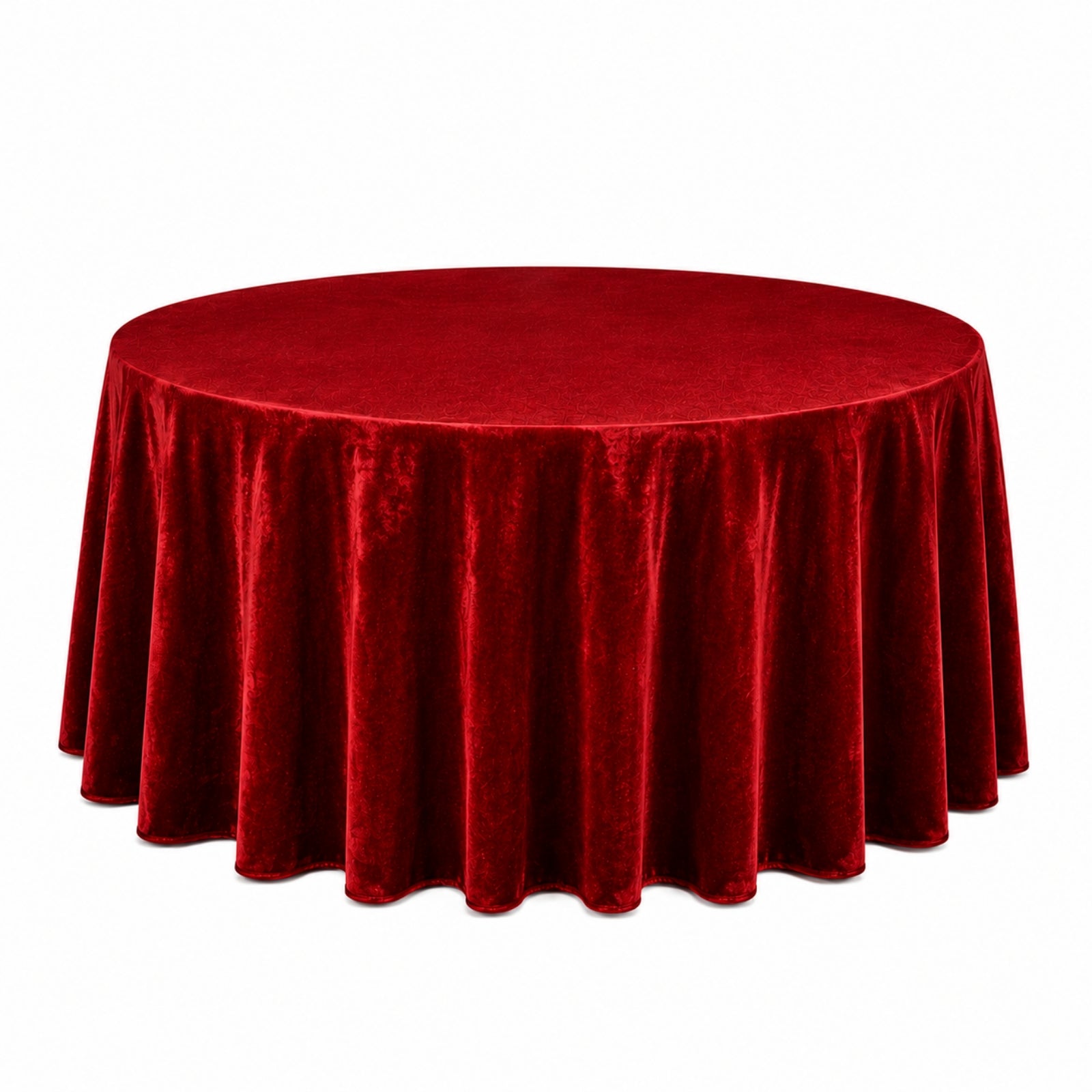 Premium red velvet round tablecloth, seamless and reusable.