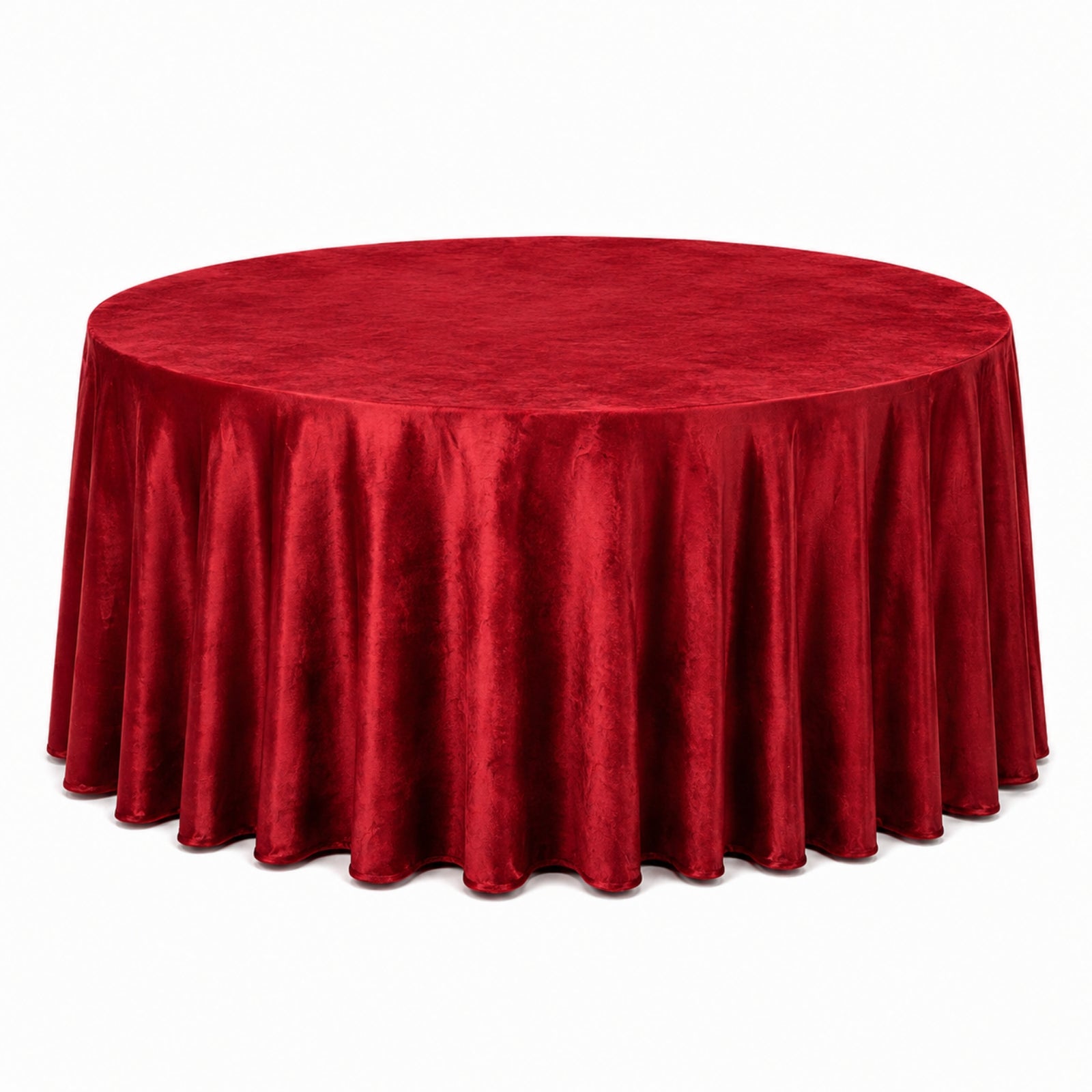 Premium red velvet round tablecloth, seamless and reusable.