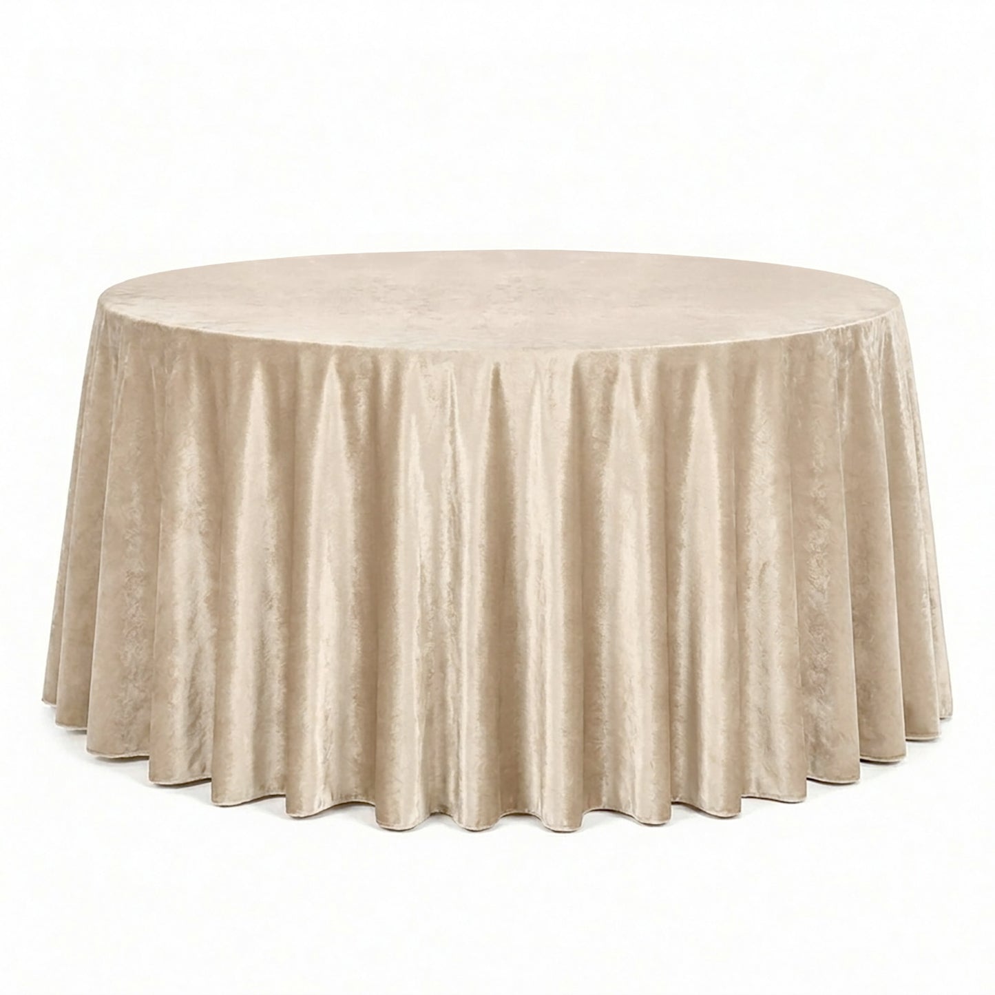 Champagne round tablecloth, premium velvet, reusable and seamless design.