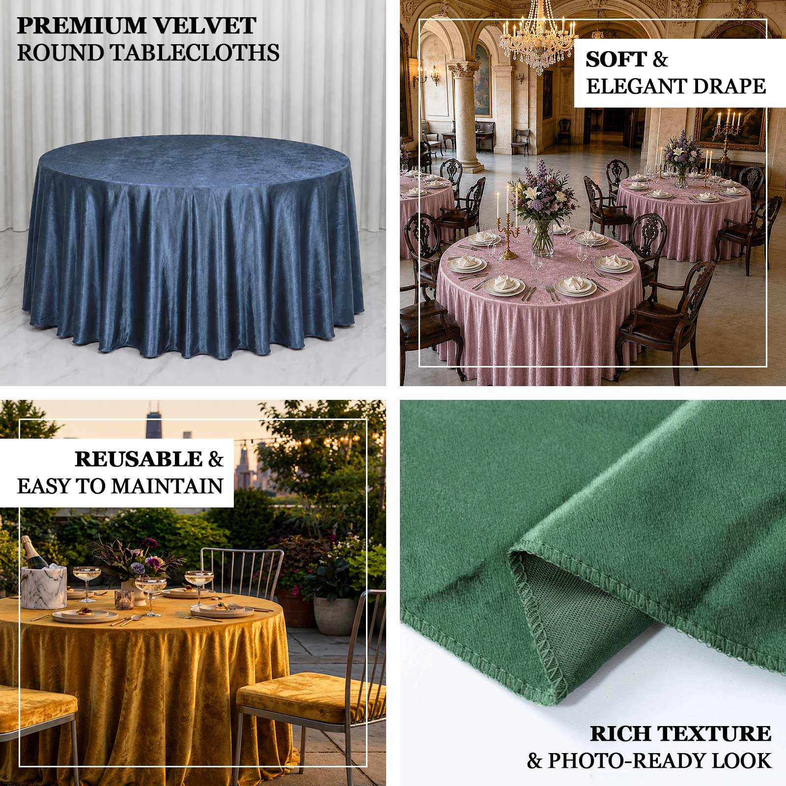 Rich velvet fabric tablecloth with photo-ready texture and elegant flow