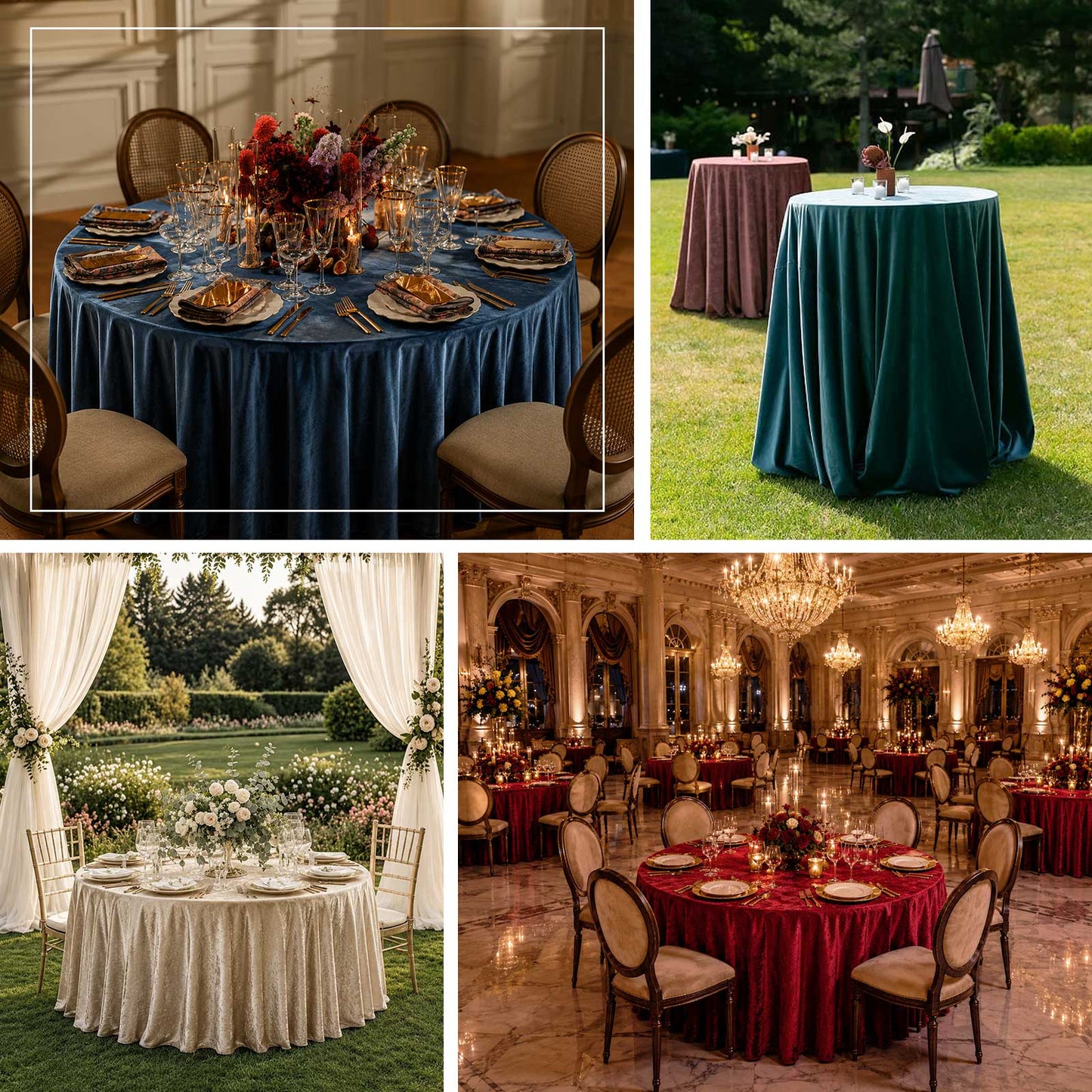 Round velvet table covers styled with floral centerpieces and candlelit event décor