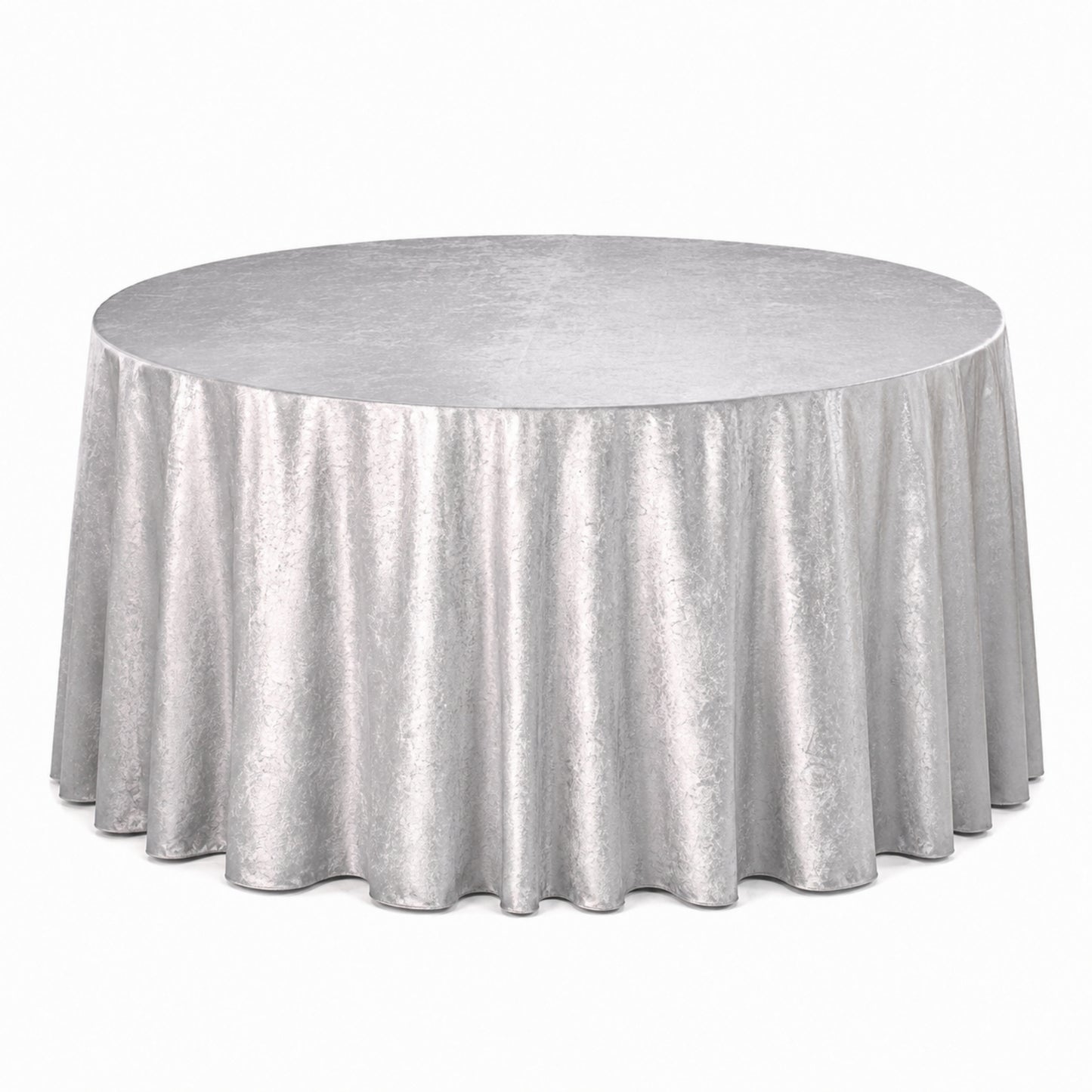 Silver velvet round tablecloth, seamless and reusable, perfect for elegant settings.