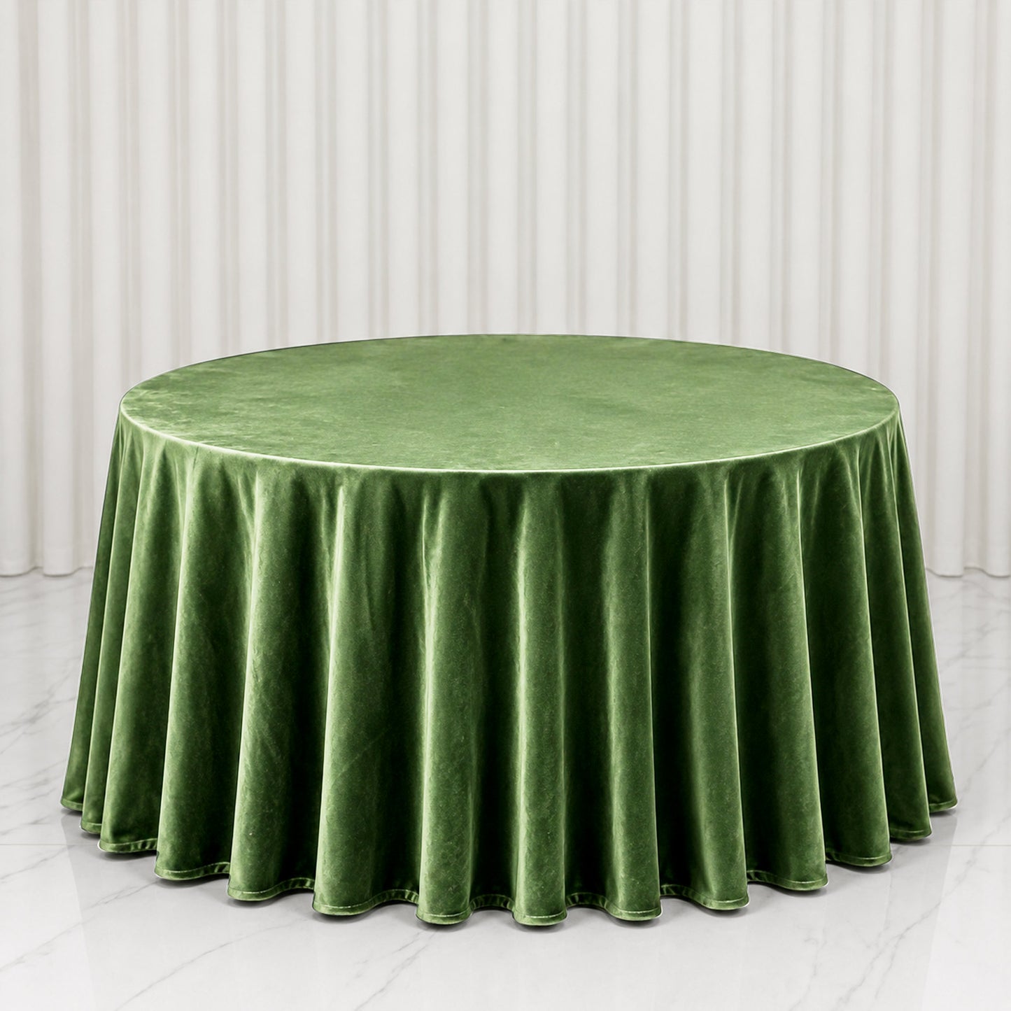 Premium Olive Green Velvet Round Tablecloth on a marble surface.