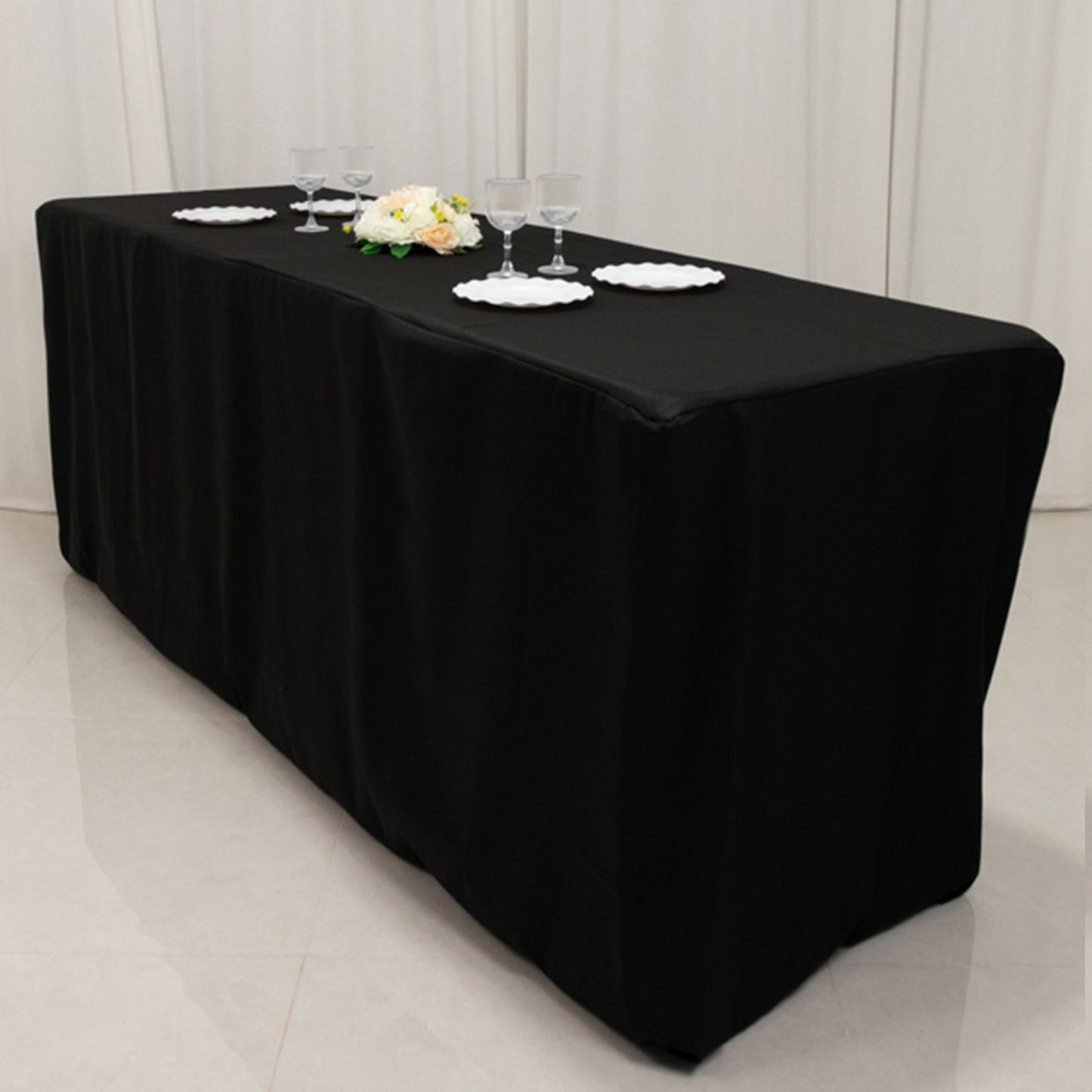 8ft Black Fitted Polyester Rectangle Tablecloth for Special Size 96"x24"x42" Tables