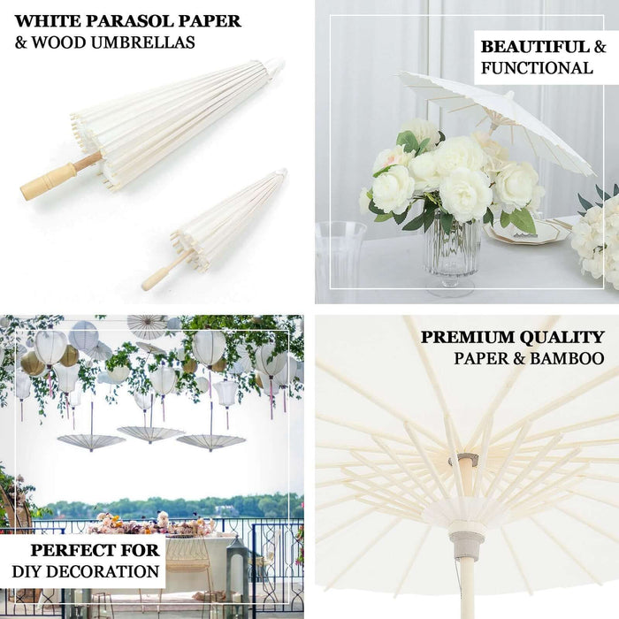 White parasol paper umbrellas for wedding decor and table centerpieces.
