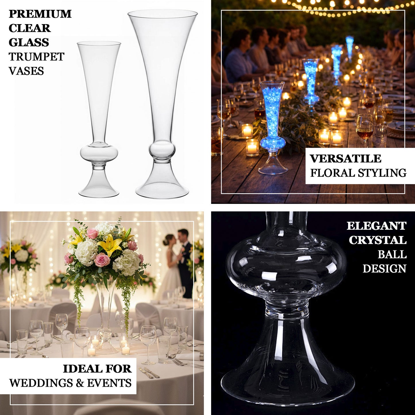 Clear glass trumpet vases, perfect for elegant floral arrangements and events.