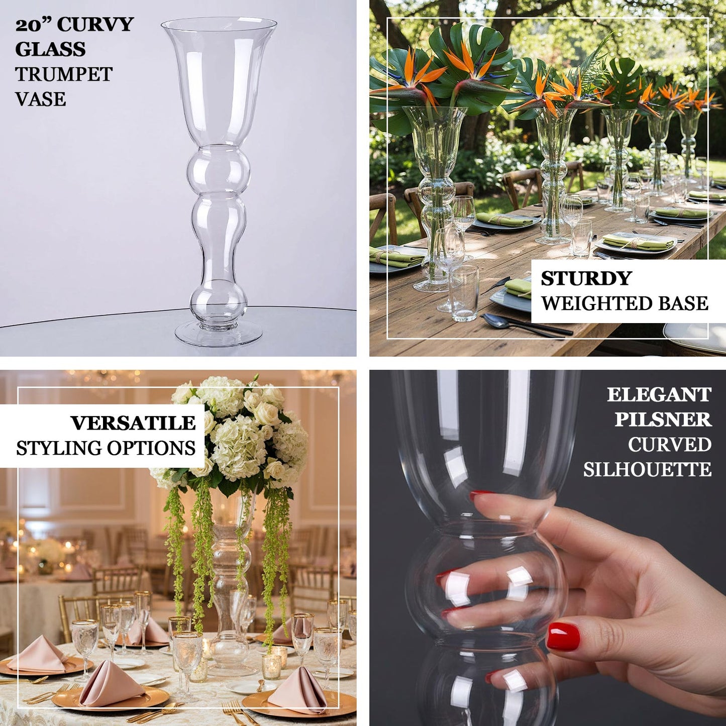 4 Pack | 20" Pilsner Curved Trumpet Glass Vase