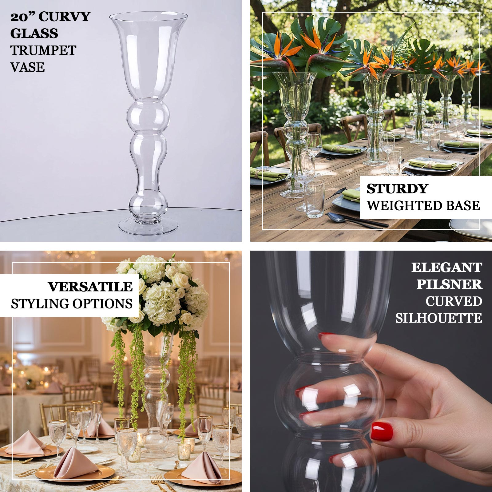 4 Pack | 20" Pilsner Curved Trumpet Glass Vase