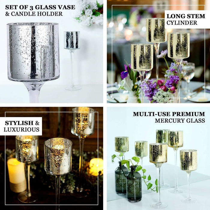 Set of 3 | Gold Long Stem Speckled Mercury Glass Vase, Candle Holders - Cylinder 12"|14"|16"