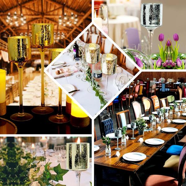 Set of 3 | Gold Long Stem Speckled Mercury Glass Vase, Candle Holders - Cylinder 12"|14"|16"