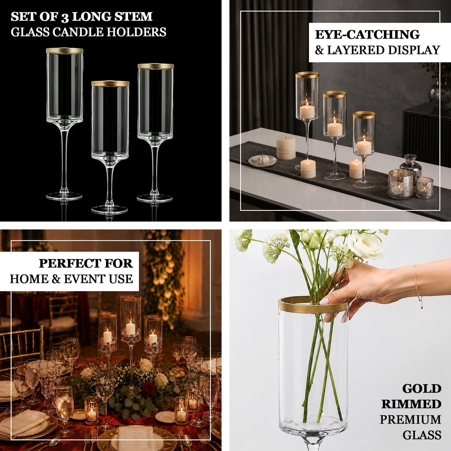 Set Of 3 | Clear Gold Rimmed Long Stem Glass Hurricane Candle Holders, Cylindrical Pedestal Flower V