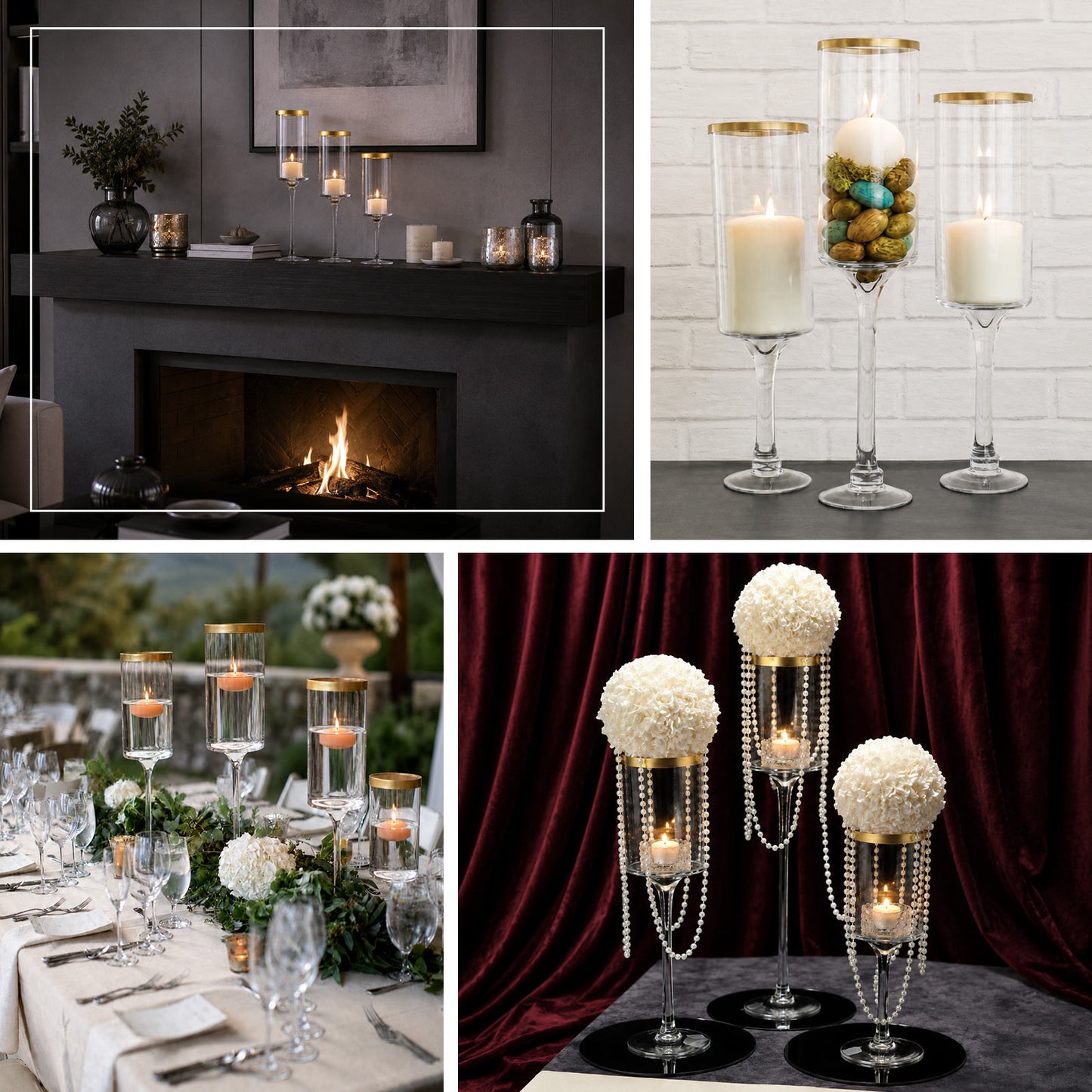 Set Of 3 | Clear Gold Rimmed Long Stem Glass Hurricane Candle Holders, Cylindrical Pedestal Flower V