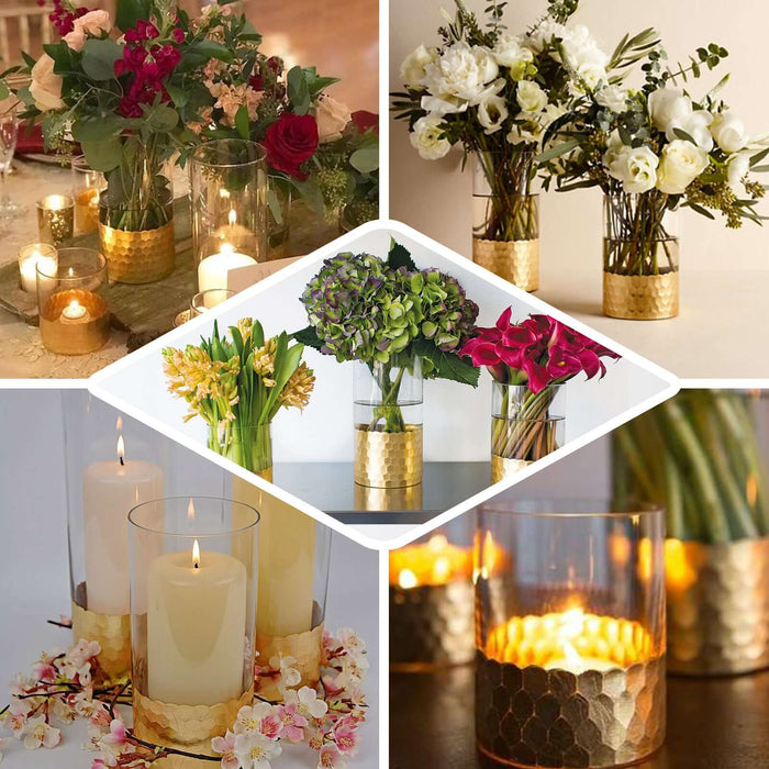 Glass cylinder vases with gold honeycomb base for candles and flowers.