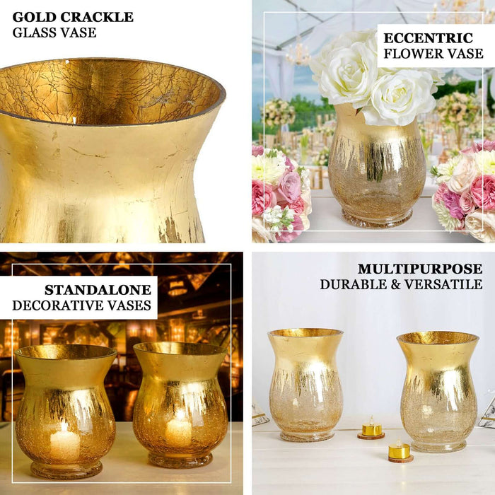 Set of 2 | 6" Gold Crackle Glass Hurricane Vase Candle Holder | Floral vase