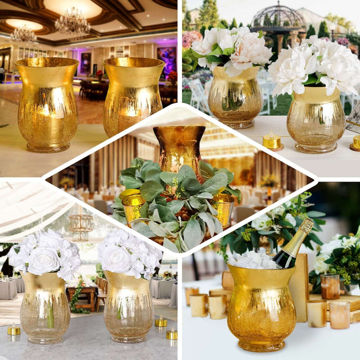 Set of 2 | 6" Gold Crackle Glass Hurricane Vase Candle Holder | Floral vase