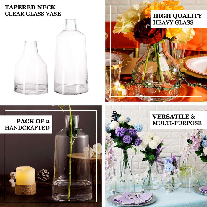 Clear glass flower bud vases, tapered neck, pack of 2 centerpieces.