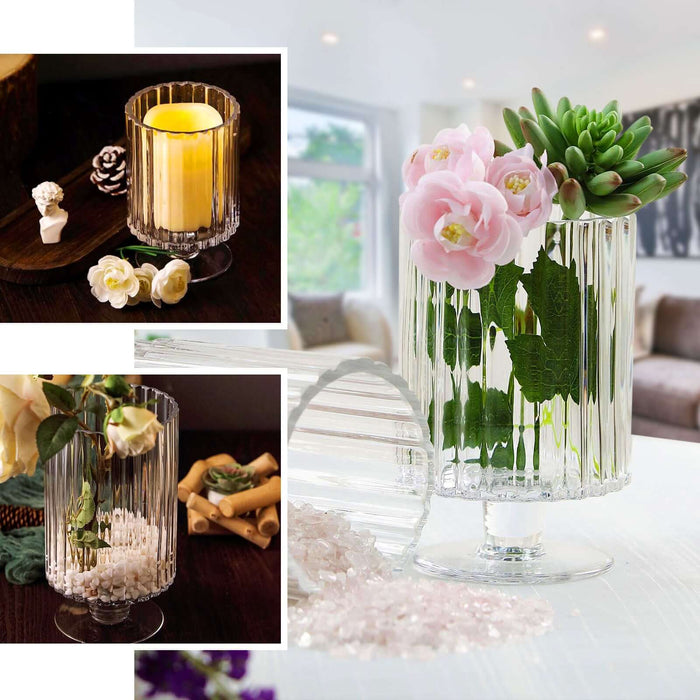 Clear ribbed glass vase for candle or floral arrangements.