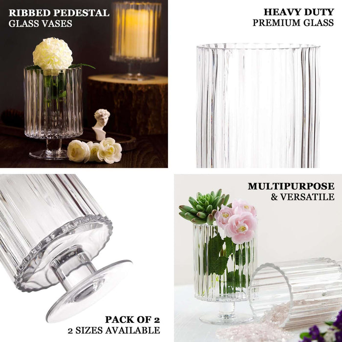 Clear ribbed pedestal glass vases, heavy-duty candle holders, versatile decor.