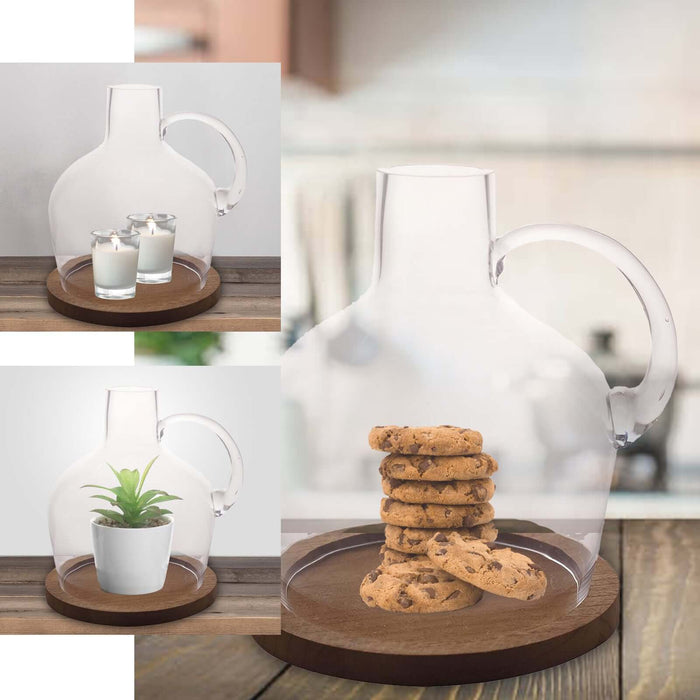 Clear glass vase with wooden base, perfect for candles or centerpieces.