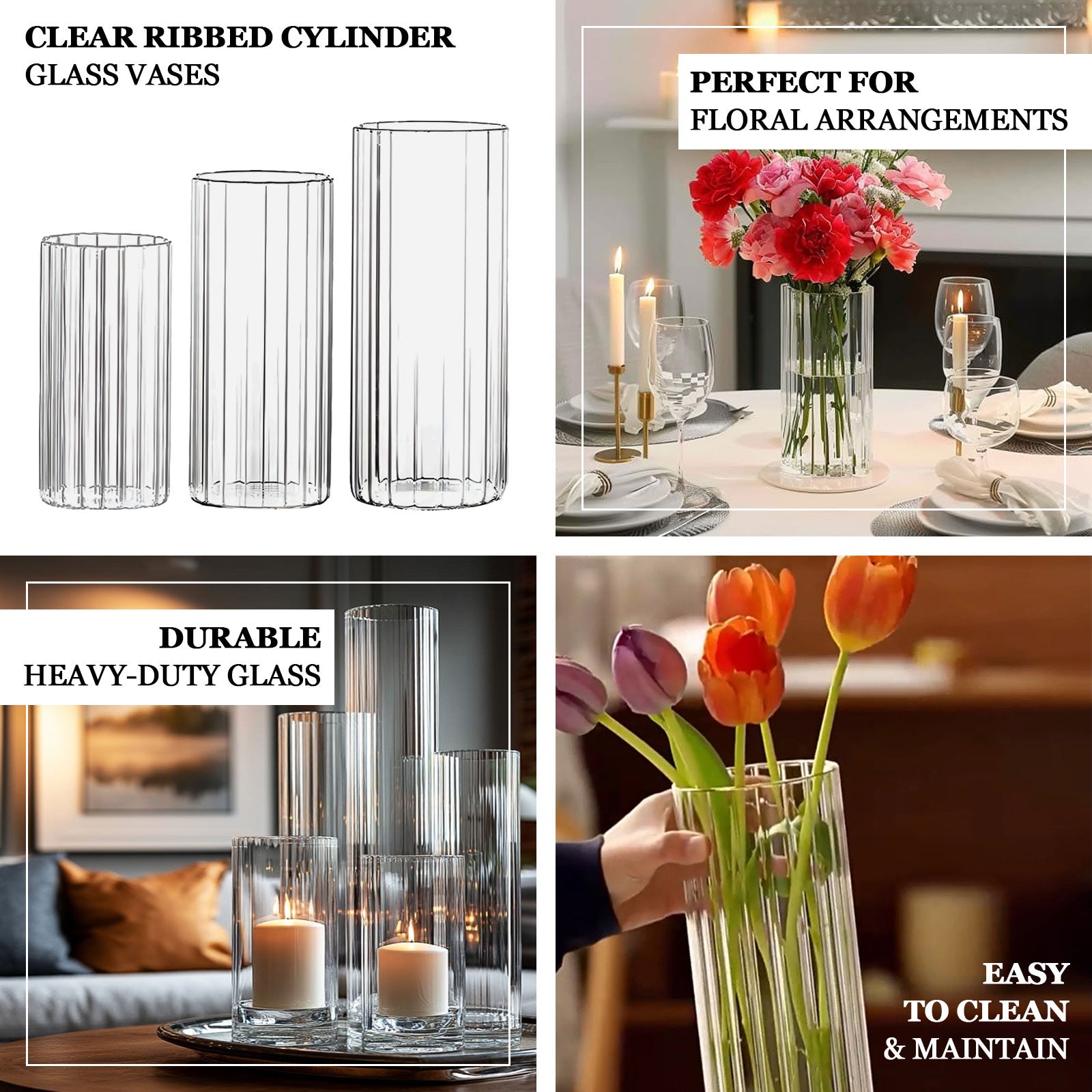 16inch Ribbed Cylinder Glass Vases 6-Pack – Clear Vases