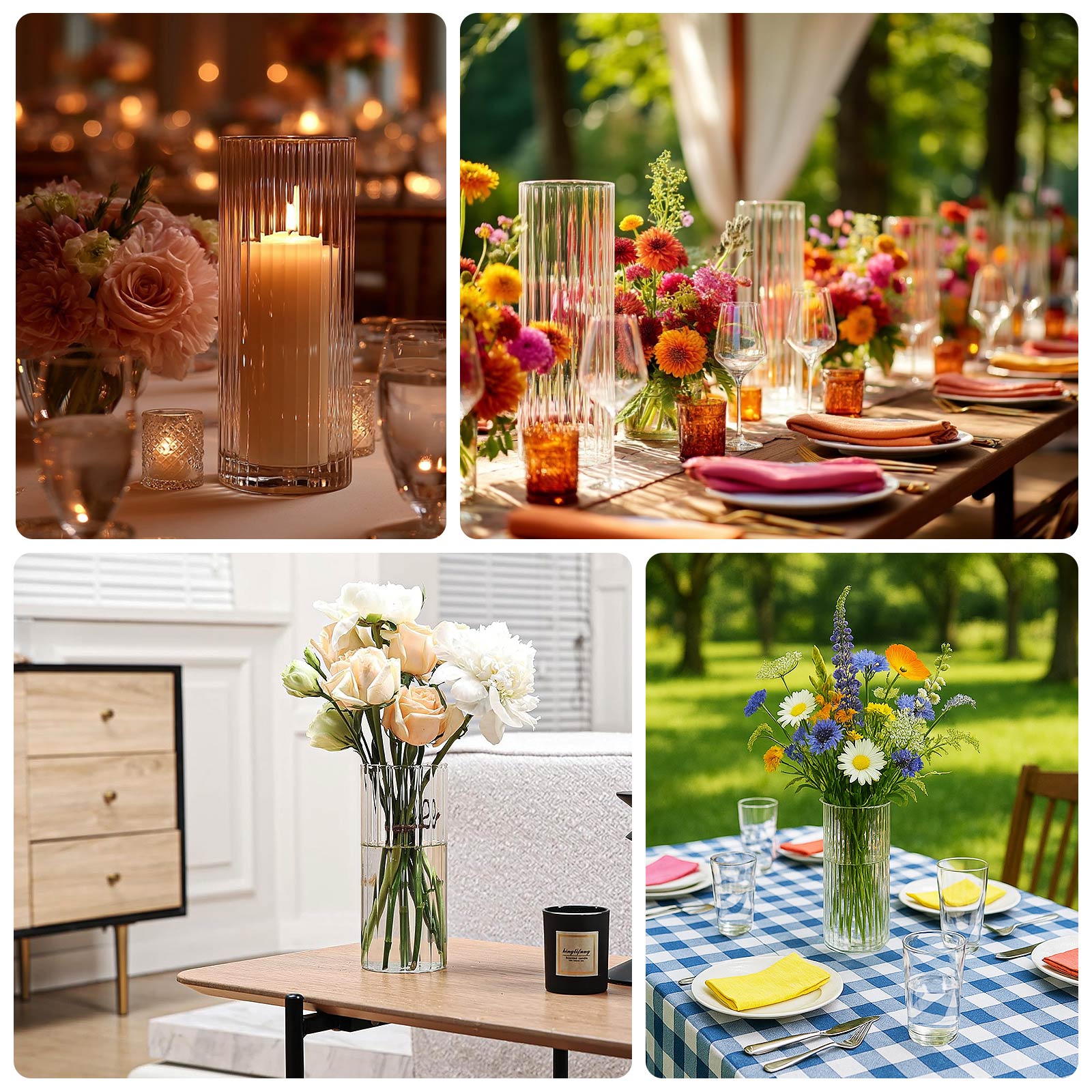 12inch Ribbed Cylinder Glass Vases – 6 Pack Clear Tall Vases for Floral Arrangements, Tabletop Decor & Events