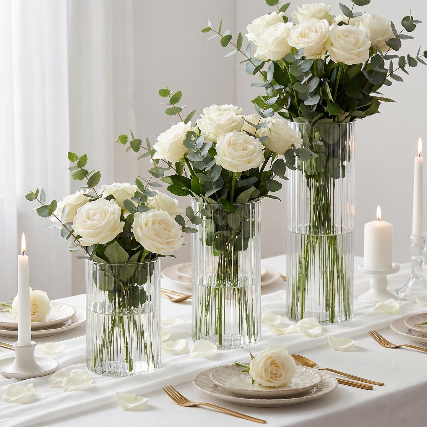Set of 3 Clear Fluted Glass Cylinder Vases, Ribbed Column Floral Vases for Wedding Centerpieces - 6"