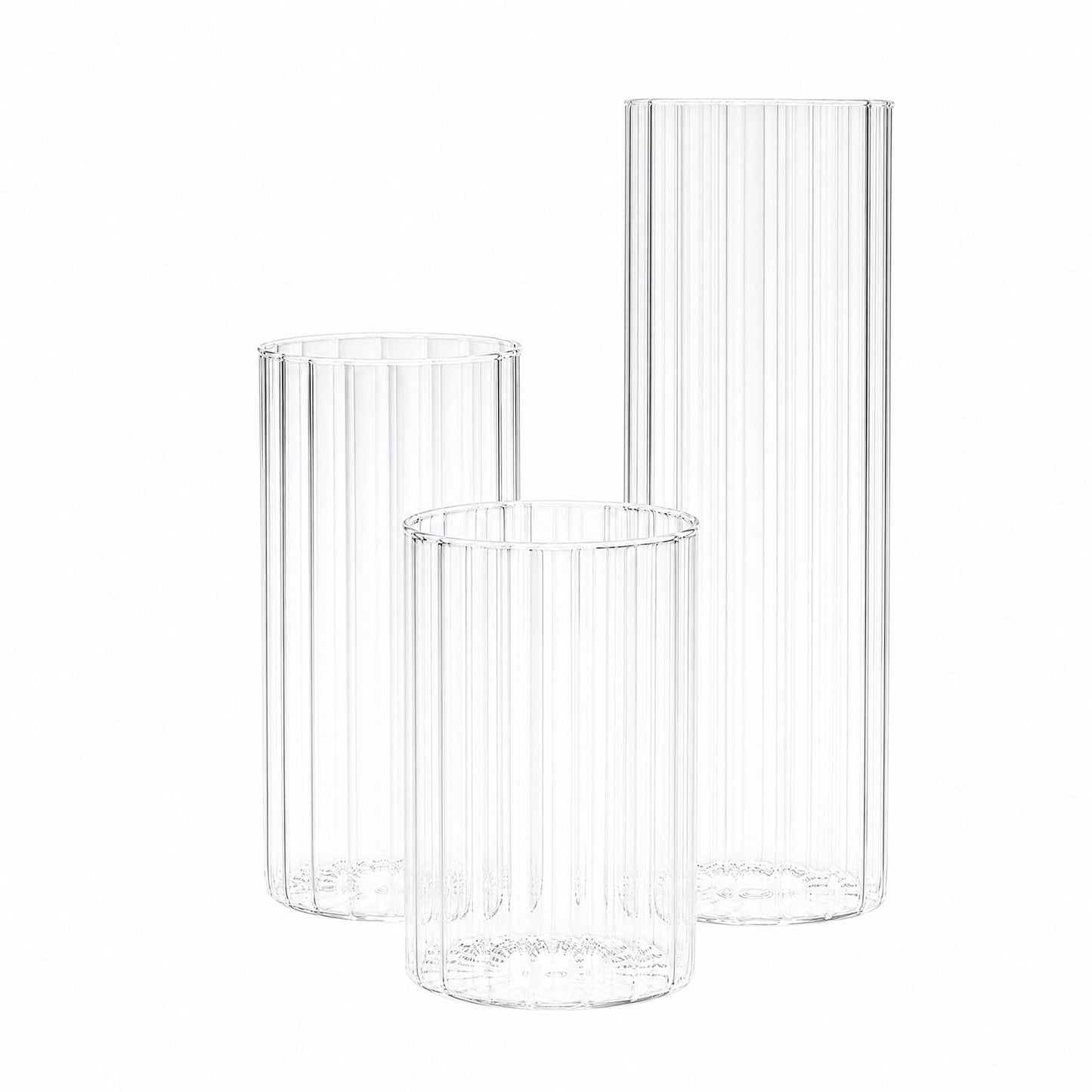 Set of 3 Clear Fluted Glass Cylinder Vases, Ribbed Column Floral Vases for Wedding Centerpieces - 6"