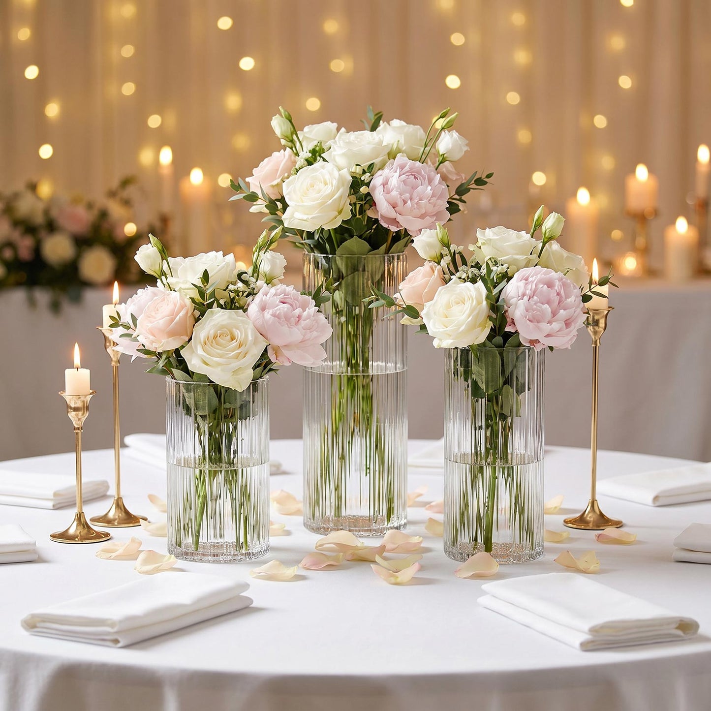 Set of 3 Clear Fluted Glass Cylinder Vases, Ribbed Column Floral Vases for Wedding Centerpieces - 6"