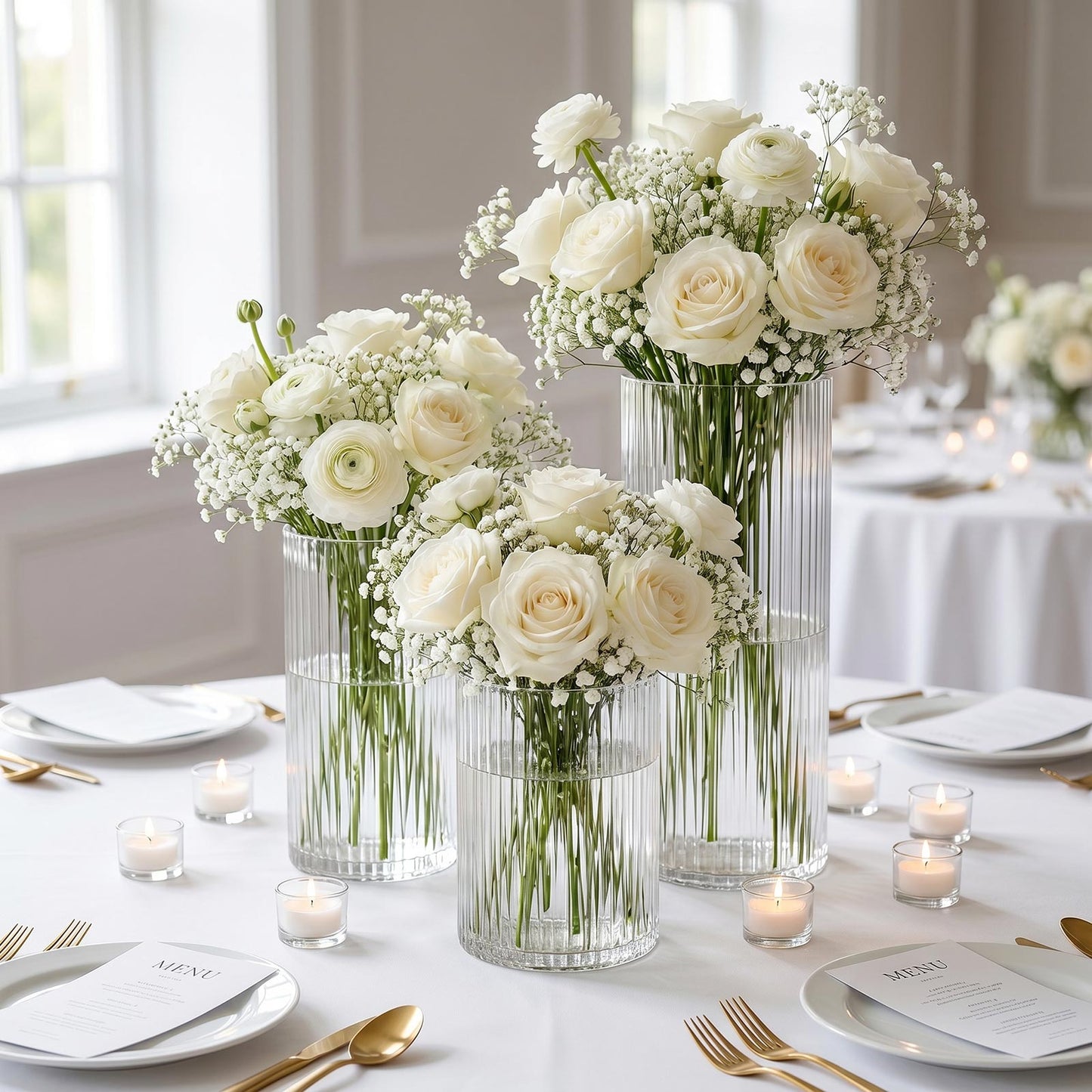 Set of 3 Clear Fluted Glass Cylinder Vases, Ribbed Column Floral Vases for Wedding Centerpieces - 6"