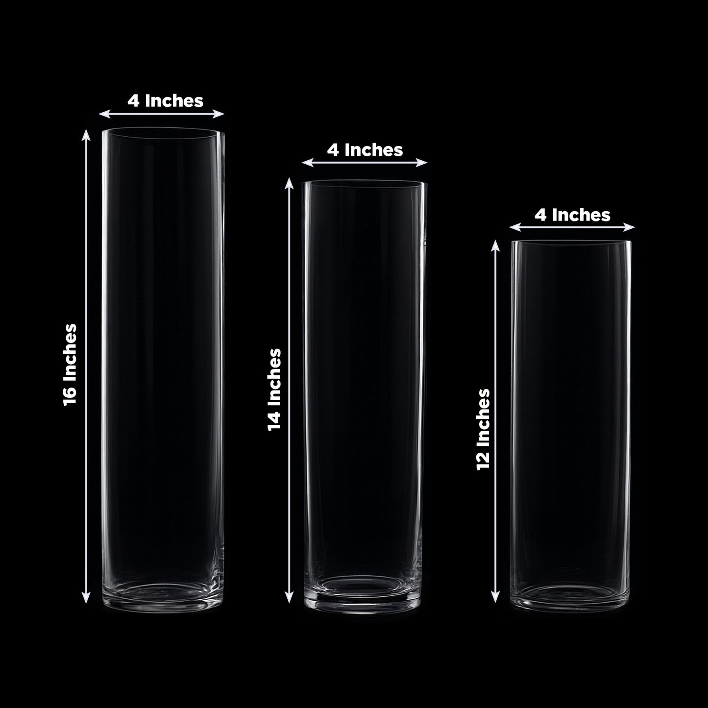 Premium Glass Cylinder Vase Set of 3 – Clear Vases for Flowers, Candles & Table Centerpieces – 12", 14", 16"