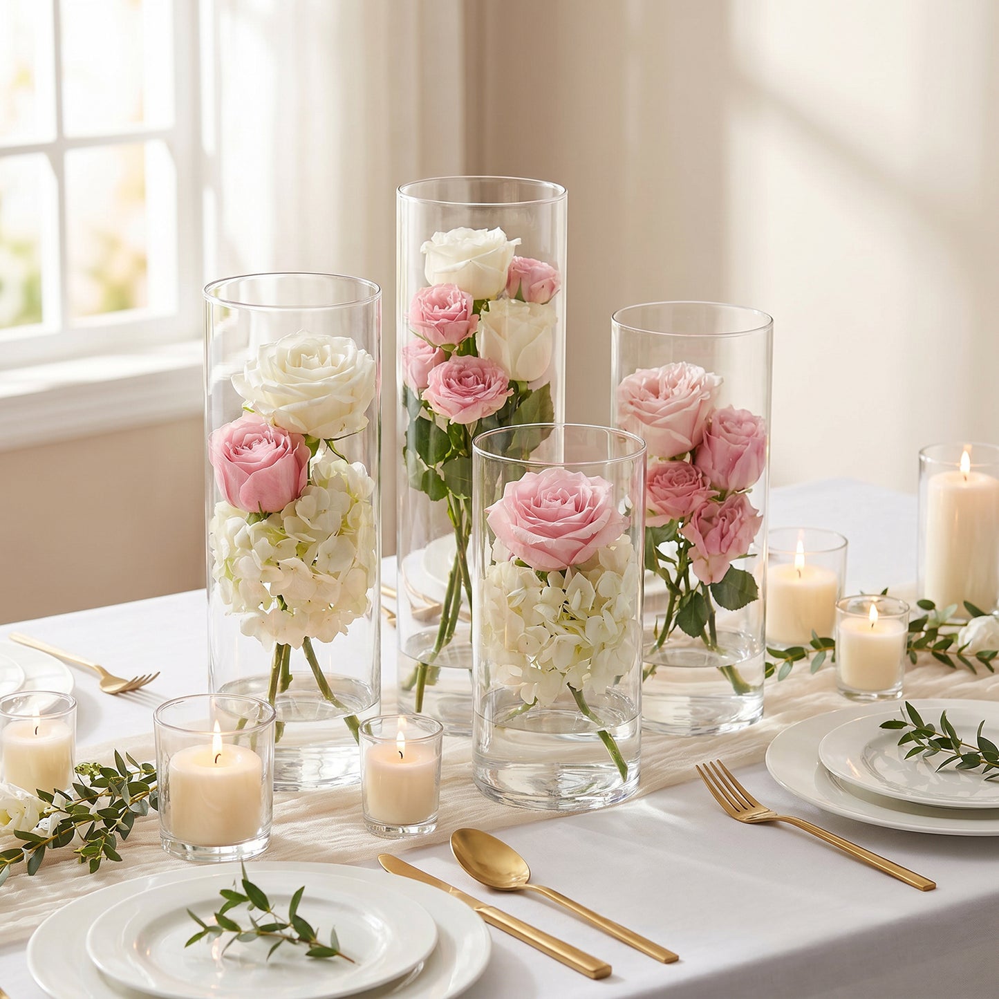 Set of 8 Assorted Clear Glass Cylinder Vases for Floating Candles, Floral Arrangements & Centerpiece