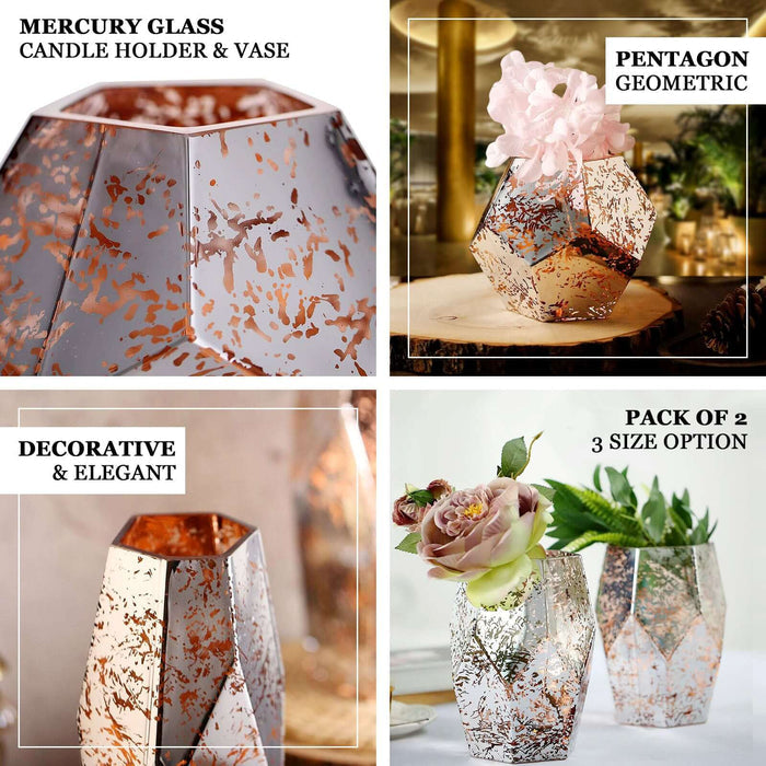 Silver and rose gold pentagon geometric vases in mercury glass.