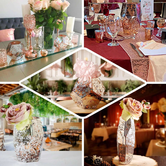 Mercury glass pentagon vases in silver and rose gold with floral arrangements.