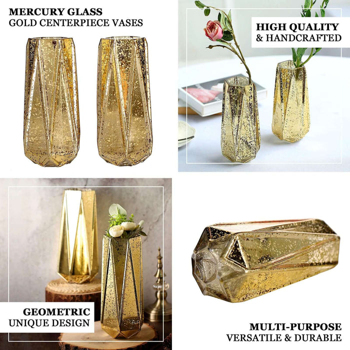 8" Gold Mercury Glass Geometric Vases for Flower Centerpieces