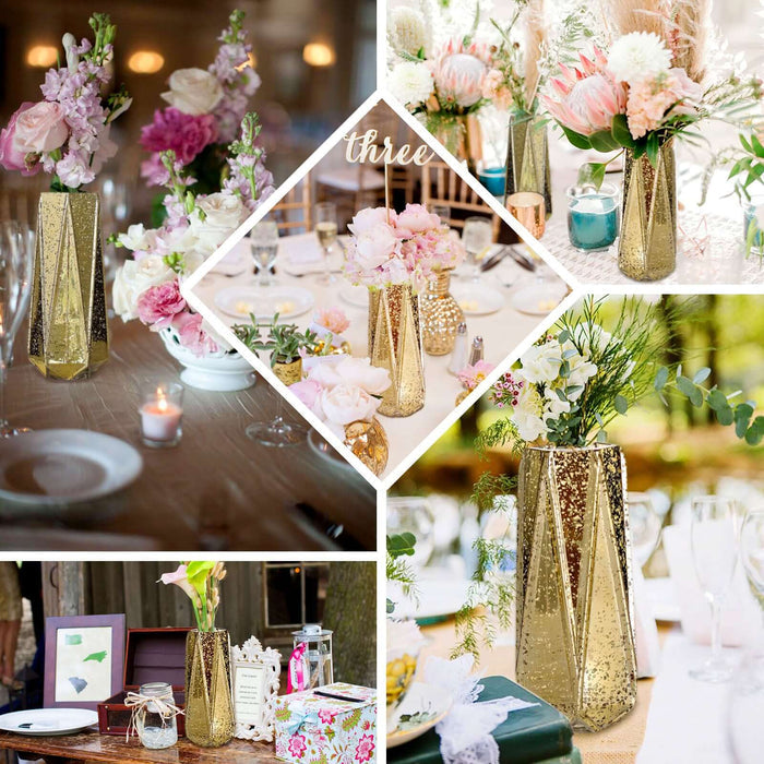 Gold geometric mercury glass vases for elegant flower centerpieces.