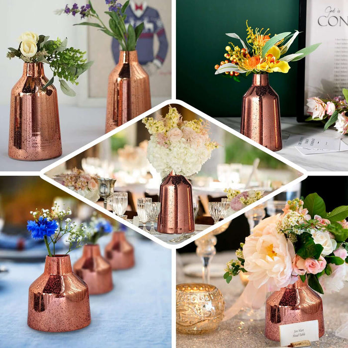 Rose gold mercury glass vases with floral arrangements.